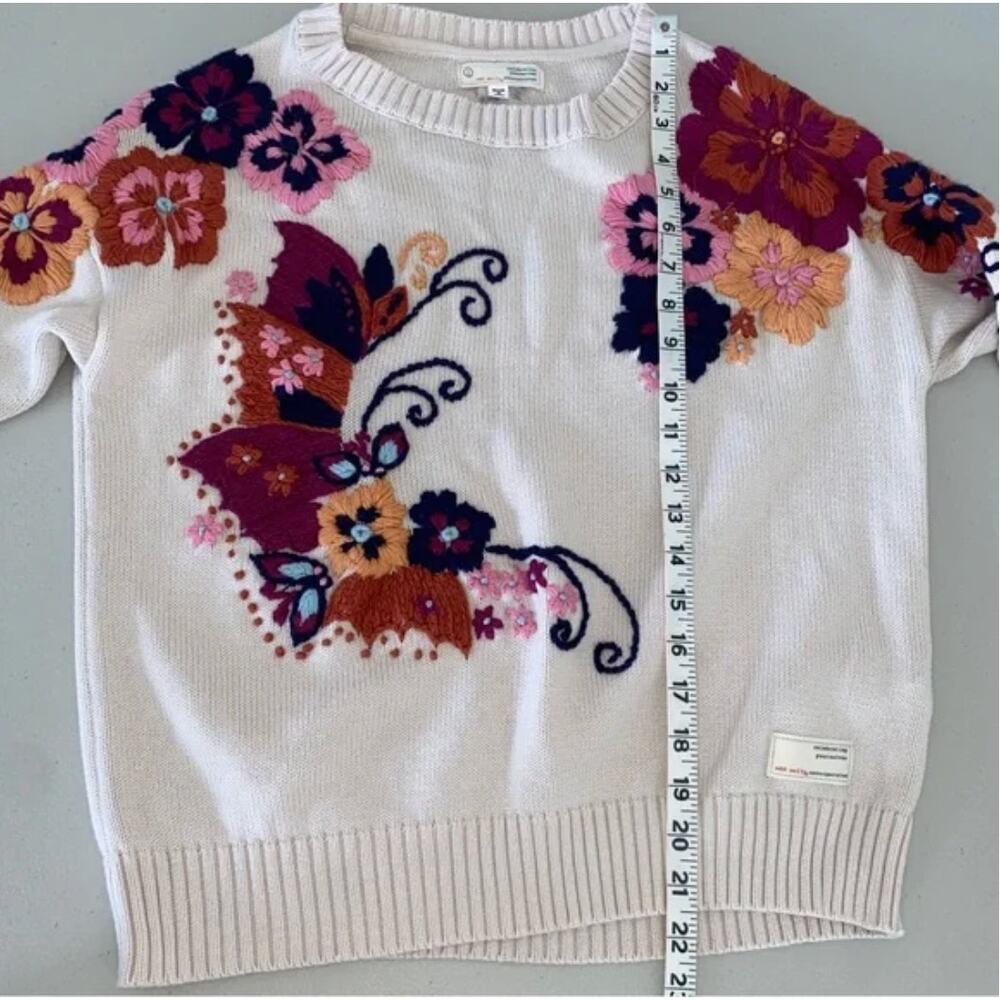 Odd Molly Miss Epic 3D Floral Boho Embroidered Cream Tan Sweater S Grandmacore - Picture 5 of 7